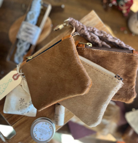 Leather coin purse gift set (brown) -grey wristlet